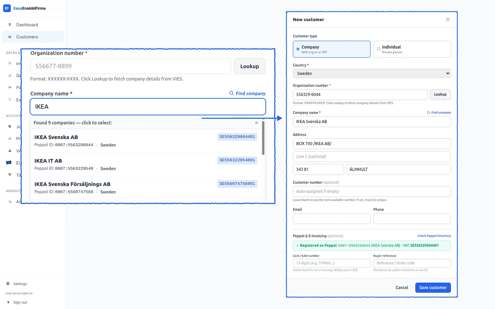 EasyEnskildFirma customer creation showing automated Peppol lookup and VIES validation